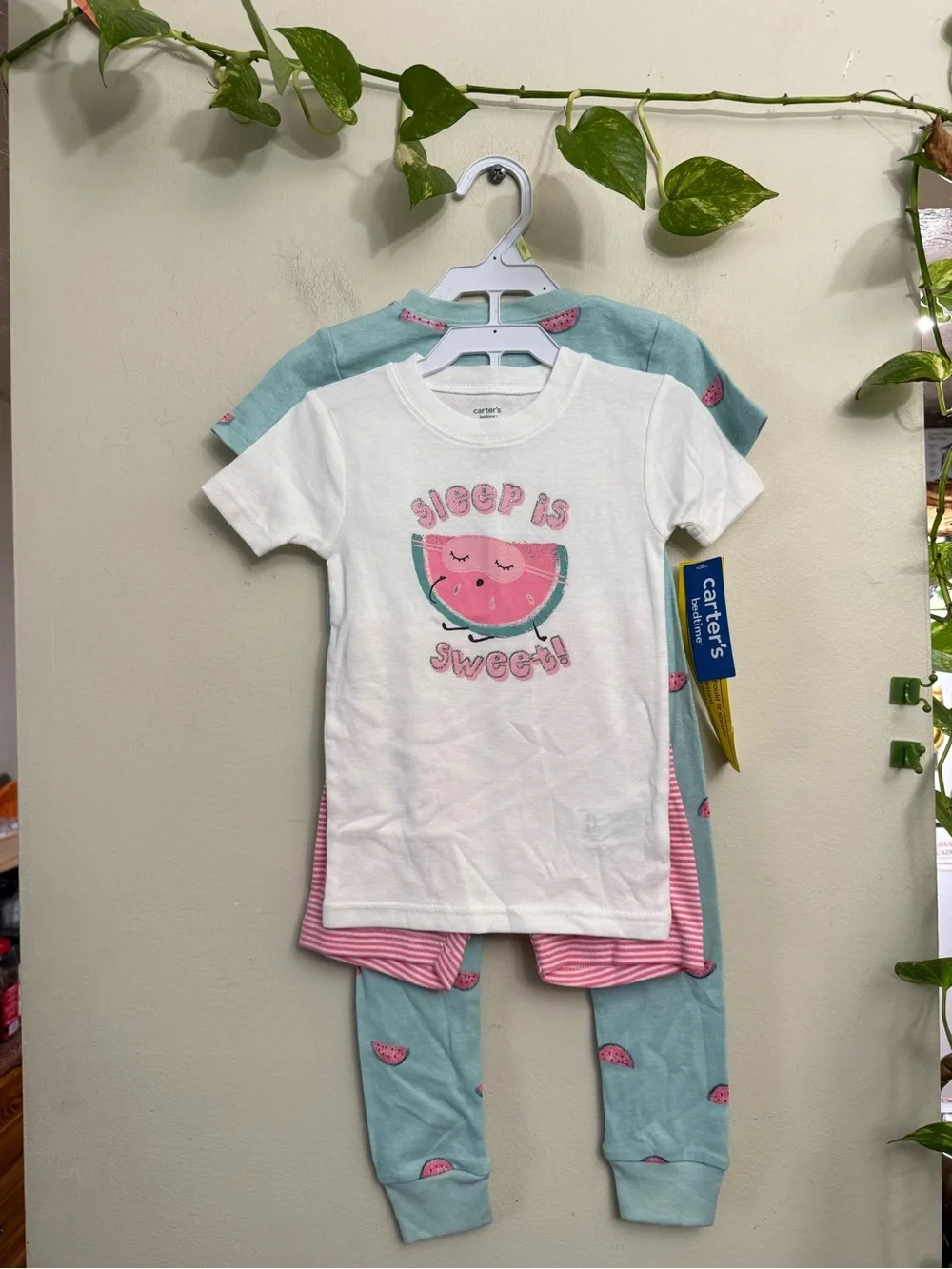 Carter's White Tee & Mint Watermelon Pajama Set with Pink Accents